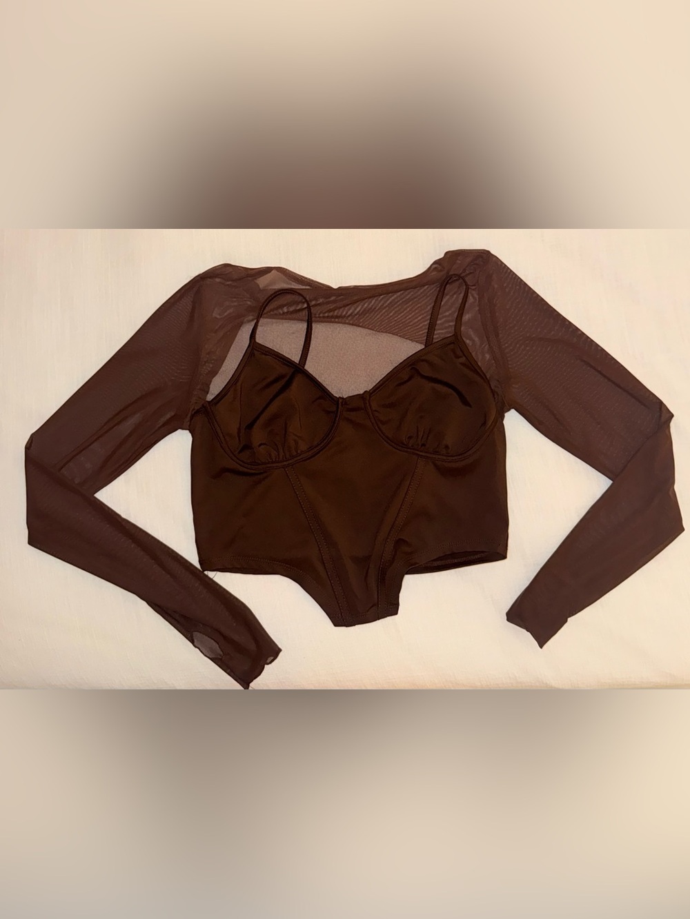 Going Out Top Brown Mesh Long-Sleeve Bustier Crop Top